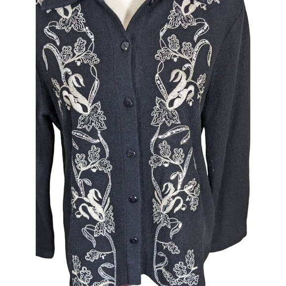 Merino Wool Jacket Womens L Embroidered Sequins Black Jones New York Collection - Picture 2 of 5